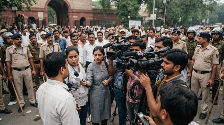 राहुल गांधी धरने के दौरान मीडिया से बातचीत करते हुए