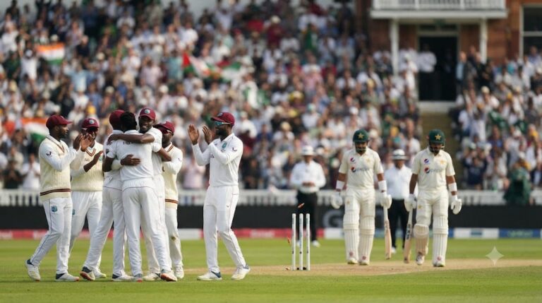 पाकिस्तान और वेस्टइंडीज के बीच टेस्ट मैच का प्रतिनिधि दृश्यPakistan vs West Indies, Babar Azam, Pakistan Cricket, West Indies Cricket, Test Cricket, Pakistan Test Team, WI vs PAK, Cricket News, Sports News, Test Series, Babar Azam Captain, ICC Cricket, Pakistan Loss, West Indies Win, NewsNowIndia24