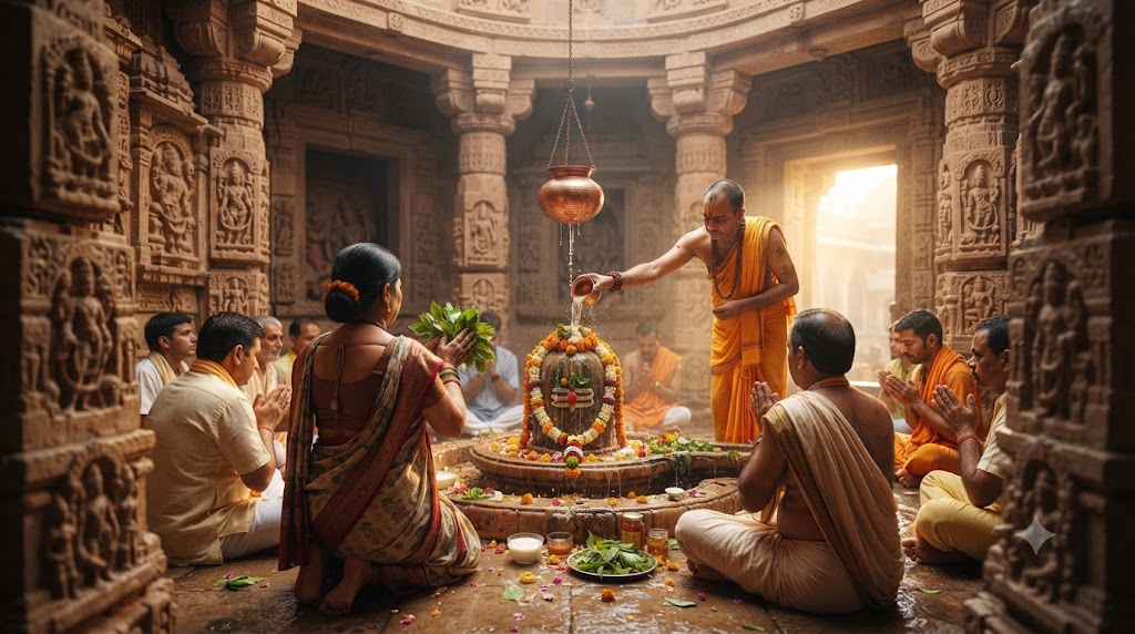 सावन माह में भगवान शिव का जलाभिषेक करते श्रद्धालुओं का प्रतिनिधि दृश्यशिव