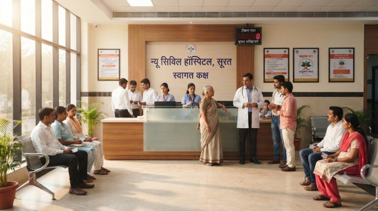 सूरत के सरकारी अस्पताल में डॉक्टरों की टीम और आधुनिक स्वास्थ्य सुविधाएं।