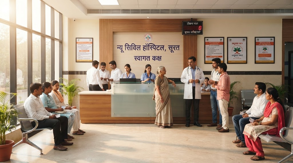सूरत के सरकारी अस्पताल में डॉक्टरों की टीम और आधुनिक स्वास्थ्य सुविधाएं।