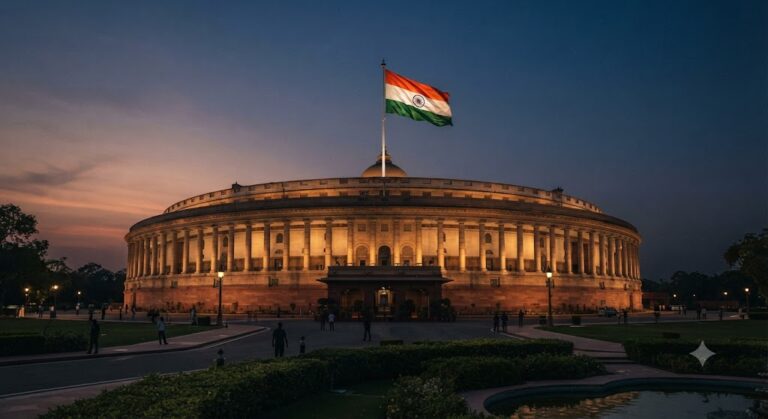 भारतीय संसद भवन का दृश्य जहां वंदे मातरम बिल पारित हुआ।