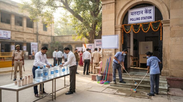 बांकीपुर विधानसभा उपचुनाव के लिए तैयार मतदान केंद्र का प्रतिनिधि दृश्यपोलिंग