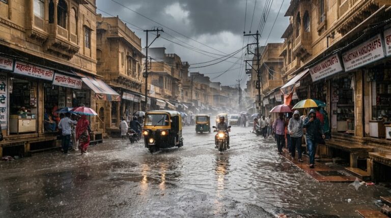 राजस्थान में भारी मानसूनी बारिश का प्रतिनिधि दृश्यRajasthan Weather