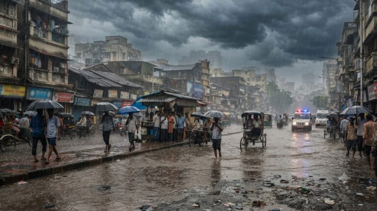 मानसून देश में भारी मानसूनी बारिश और जलभराव का प्रतिनिधि दृश्य