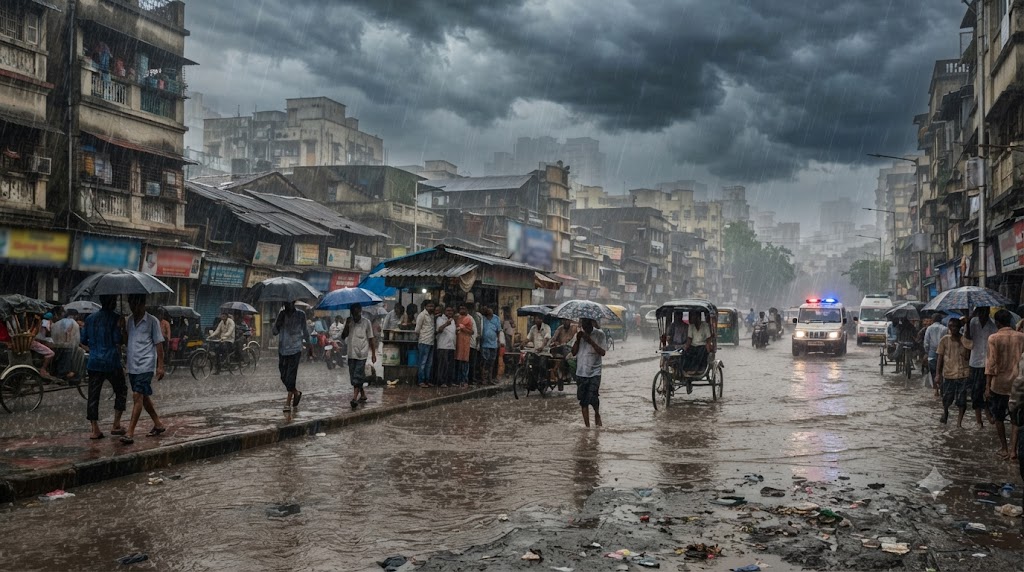 मानसून देश में भारी मानसूनी बारिश और जलभराव का प्रतिनिधि दृश्य