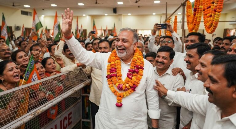 Manjalpur Upchunav 2026 winner BJP candidate Satish Patel celebrating victory.Manjalpur Upchunav 2026 Result: बीजेपी का दबदबा बरकरार, सतीश पटेल ने दर्ज की बंपर जीत