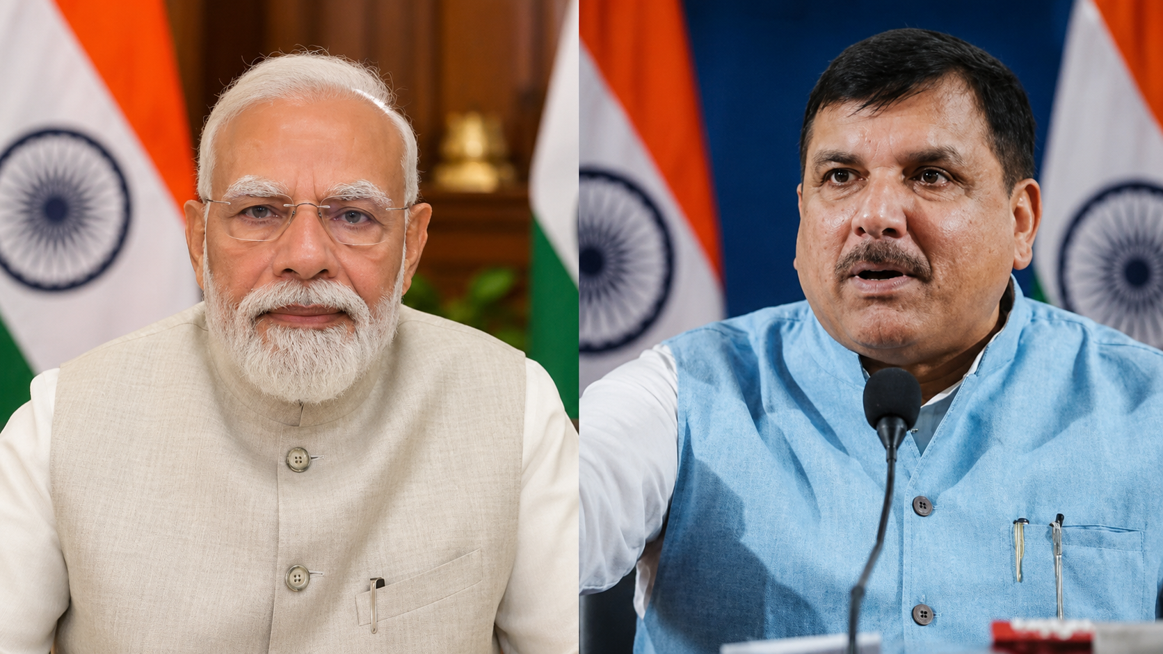 प्रधानमंत्री नरेंद्र मोदी और आम आदमी पार्टी के नेता संजय सिंह की फाइल फोटो