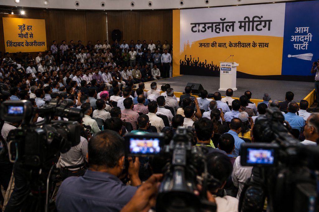 अरविंद केजरीवाल E20 पेट्रोल नीति के विरोध में भाषण देते हुए।