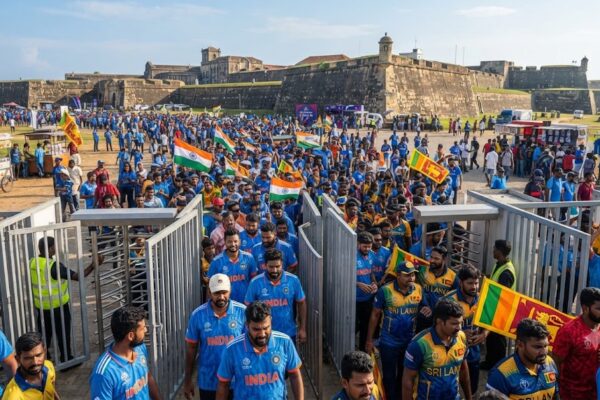 भारत-श्रीलंका टेस्ट सीरीज के लिए गॉल स्टेडियम में प्रवेश करते क्रिकेट प्रशंसक।