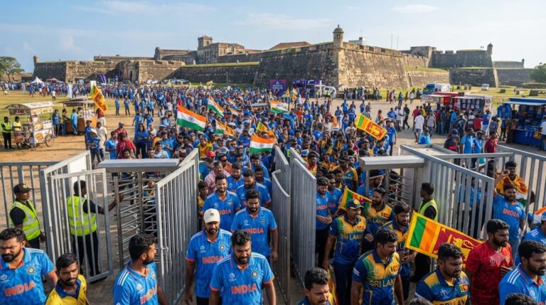 भारत-श्रीलंका टेस्ट सीरीज के लिए गॉल स्टेडियम में प्रवेश करते क्रिकेट प्रशंसक।
