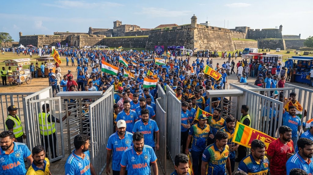 भारत-श्रीलंका टेस्ट सीरीज के लिए गॉल स्टेडियम में प्रवेश करते क्रिकेट प्रशंसक।