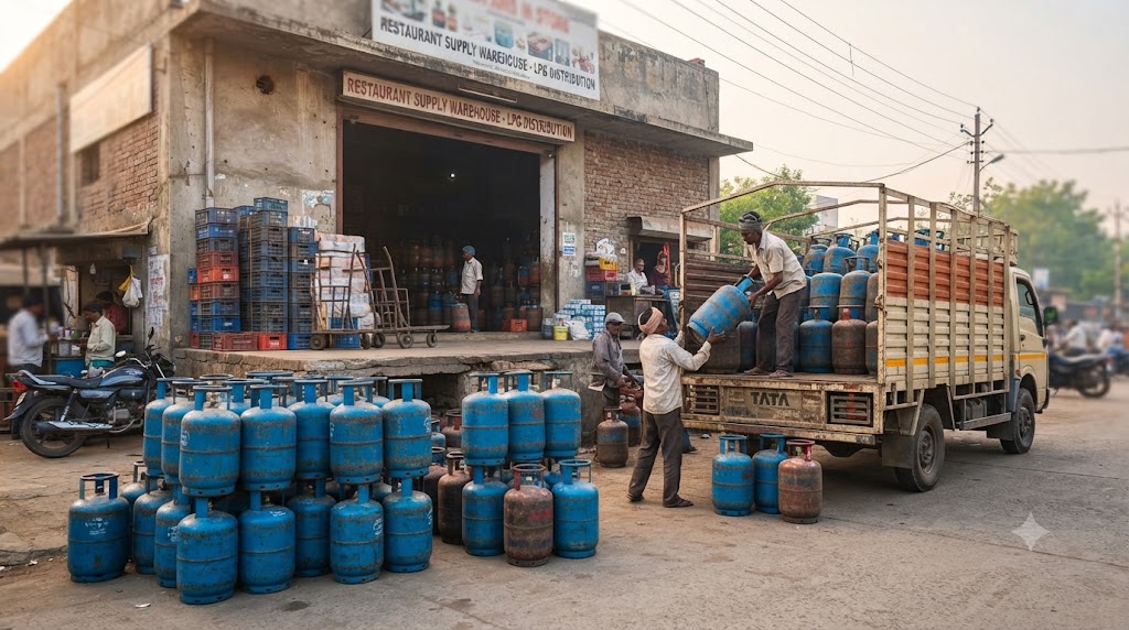 कमर्शियल LPG सिलेंडरों का प्रतिनिधि दृश्य