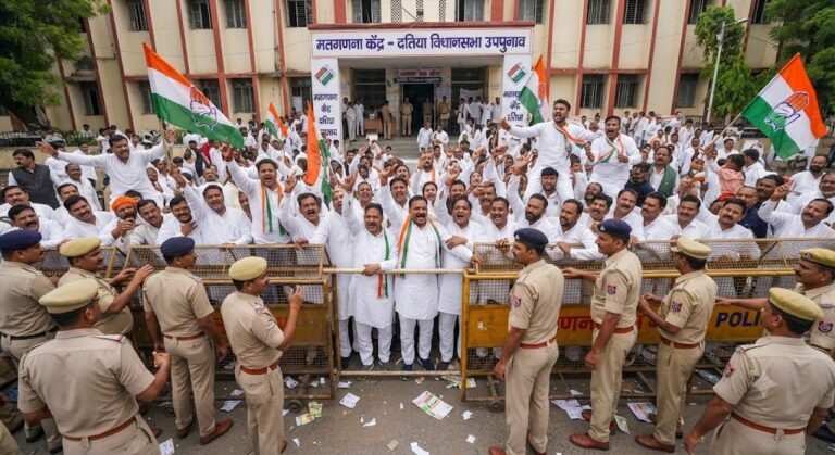 दतिया विधानसभा उपचुनाव मतगणना के दौरान कांग्रेस समर्थकों का प्रदर्शन