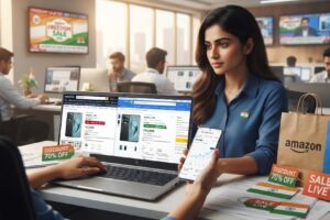 Amazon Flipkart Freedom Sale में ऑनलाइन शॉपिंग करते ग्राहक।