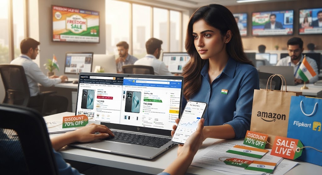 Amazon Flipkart Freedom Sale में ऑनलाइन शॉपिंग करते ग्राहक।
